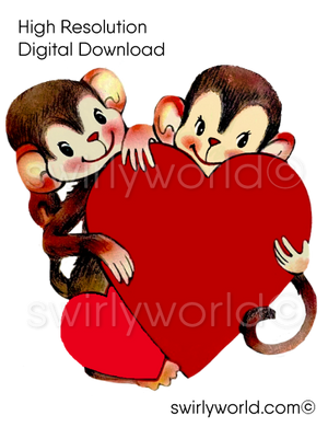 1950s-1960s mid-century vintage Monkeys Holding Red Hearts Valentine's Day images for digital download. Cute and kitschy retro very RARE Valentine illustrations that have been digitally restored.