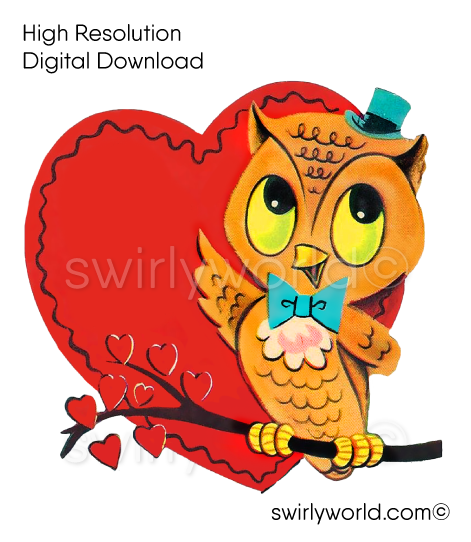 1950s-1960s mid-century vintage Owl  Red Heart Valentine's Day images for digital download. Cute and kitschy retro very RARE Valentine illustrations that have been digitally restored.