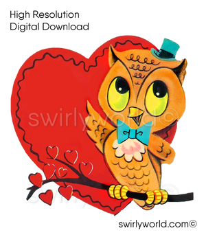 1950s-1960s mid-century vintage Owl  Red Heart Valentine's Day images for digital download. Cute and kitschy retro very RARE Valentine illustrations that have been digitally restored.