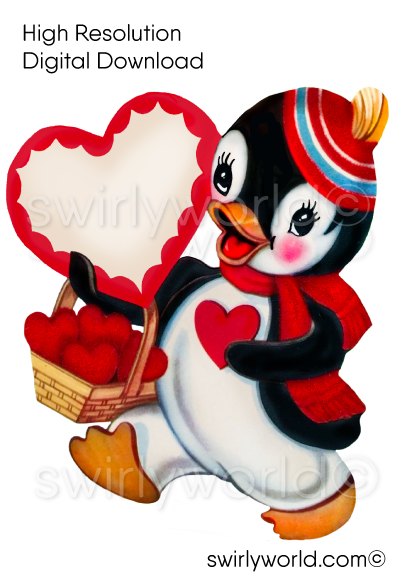 1950s-1960s mid-century vintage Penguin Carrying Baskets of Red Hearts Valentine's Day images for digital download. Cute and kitschy retro very RARE Valentine illustrations that have been digitally restored.