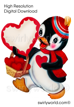1950s-1960s mid-century vintage Penguin Carrying Baskets of Red Hearts Valentine's Day images for digital download. Cute and kitschy retro very RARE Valentine illustrations that have been digitally restored.