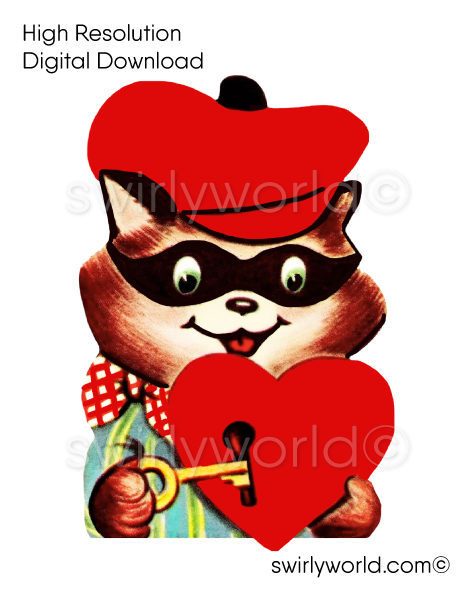 1950s-1960s mid-century vintage Racoon with Red Heart Valentine's Day images for digital download. Cute and kitschy retro very RARE Valentine illustrations that have been digitally restored.