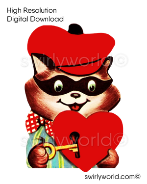 1950s-1960s mid-century vintage Racoon with Red Heart Valentine's Day images for digital download. Cute and kitschy retro very RARE Valentine illustrations that have been digitally restored.