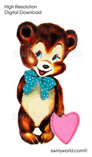 1950s mid-century vintage Teddy Bear holding a pink heart Valentine's Day images for digital download. Cute and kitschy retro very RARE Valentine illustrations that have been digitally restored.