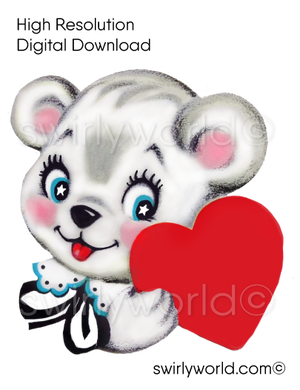 1950s-1960s mid-century vintage White Bear with Red Heart Valentine's Day images for digital download. Cute and kitschy retro very RARE Valentine illustrations that have been digitally restored.