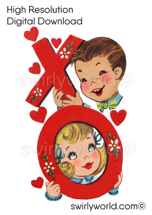 Rare collection of retro mid-century vintage Valentine's Day images featuring kitschy illustrations of cute couples with hearts and retro atomic starbursts.