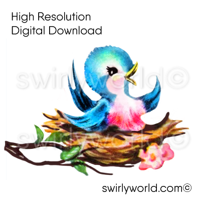 1950s-1960s mid-century vintage Baby Blue Bird in Nest Valentine's Day images for digital download. Cute and kitschy retro very RARE Valentine illustrations that have been digitally restored.
