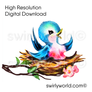 1950s-1960s mid-century vintage Baby Blue Bird in Nest Valentine's Day images for digital download. Cute and kitschy retro very RARE Valentine illustrations that have been digitally restored.