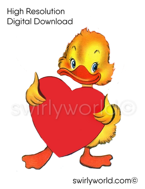 1950s-1960s mid-century vintage Duckling with Heart Valentine's Day images for digital download. Cute and kitschy retro very RARE Valentine illustrations that have been digitally restored.