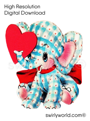 mid-century, vintage 1950s authentic kitschy baby elephant illustration