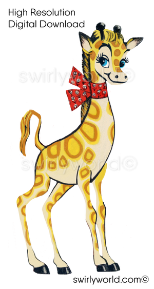 mid-century, vintage 1950s authentic kitschy baby giraffe illustration 