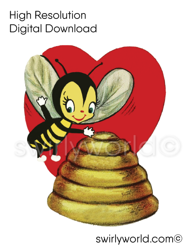 1950s mid-century vintage Honey Bumble Bee with Hive Valentine's Day images for digital download. Cute and kitschy retro very RARE Valentine illustrations that have been digitally restored.