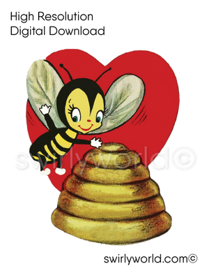 1950s mid-century vintage Honey Bumble Bee with Hive Valentine's Day images for digital download. Cute and kitschy retro very RARE Valentine illustrations that have been digitally restored.