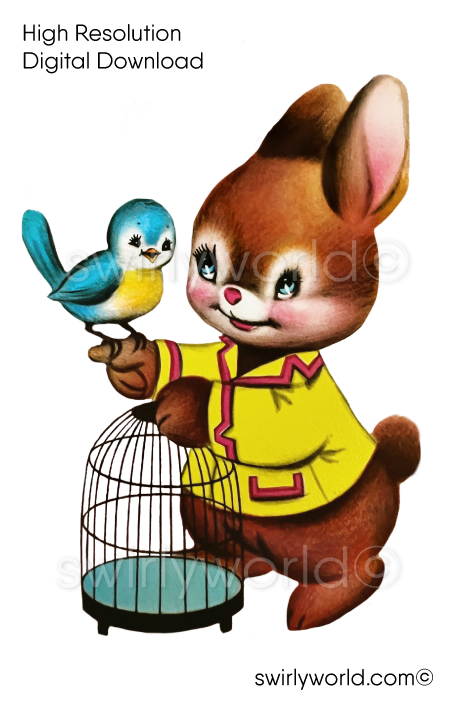 1950s 1960s mid-century vintage Bunny Rabbit with Blue Bird in Birdcage Valentine's Day images for digital download. Cute and kitschy retro very RARE Valentine illustrations that have been digitally restored.