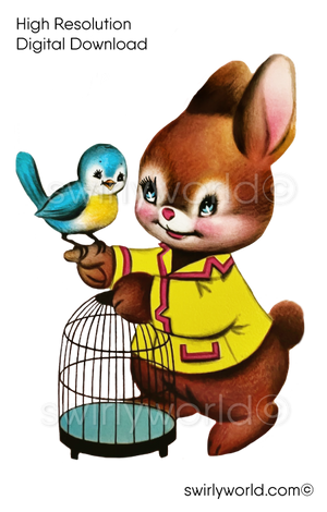 1950s 1960s mid-century vintage Bunny Rabbit with Blue Bird in Birdcage Valentine's Day images for digital download. Cute and kitschy retro very RARE Valentine illustrations that have been digitally restored.