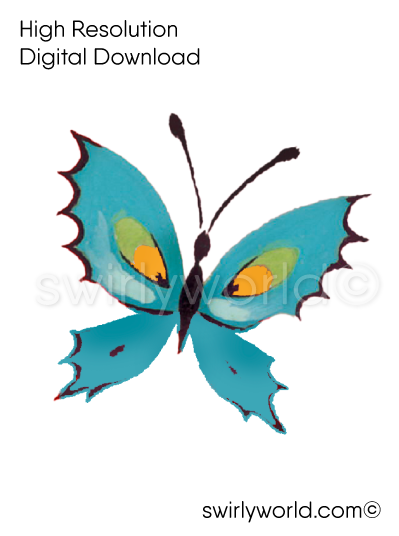 mid-century, vintage 1950s authentic kitschy blue butterfly image illustration