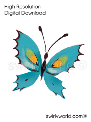 mid-century, vintage 1950s authentic kitschy blue butterfly image illustration