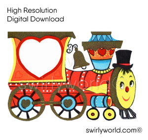 1950s-1960s mid-century vintage Choo Choo Train Valentine's Day images for digital download. Cute and kitschy retro very RARE Valentine illustrations that have been digitally restored.