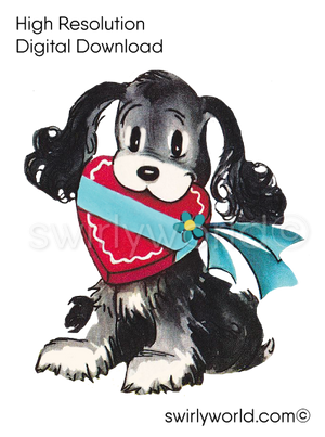 mid-century, vintage 1950s authentic kitschy kitten puppy dog image illustration