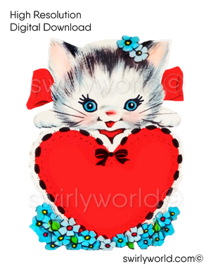 1950s-1960s mid-century vintage Kitten with Red Heart Valentine's Day images for digital download. Cute and kitschy retro very RARE Valentine illustrations that have been digitally restored.