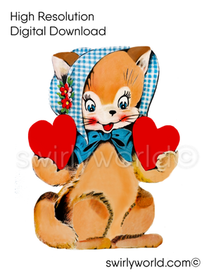1950s-1960s mid-century vintage Kitten Wearing a Bonnet Valentine's Day images for digital download. Cute and kitschy retro very RARE Valentine illustrations that have been digitally restored.