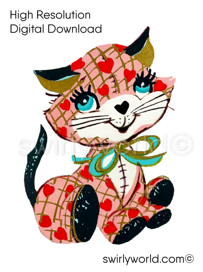 mid-century, vintage 1950s authentic kitschy patchwork kitten kitty cat image illustration