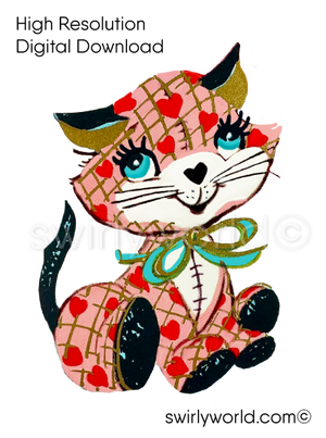 mid-century, vintage 1950s authentic kitschy patchwork kitten kitty cat image illustration