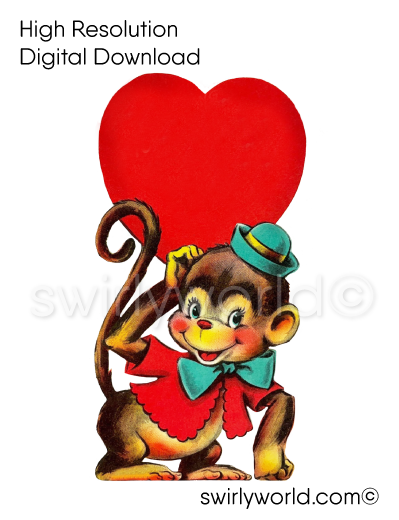 1950s-1960s mid-century vintage Circus Monkey with Big Red Heart Valentine's Day images for digital download. Cute and kitschy retro very RARE Valentine illustrations that have been digitally restored.