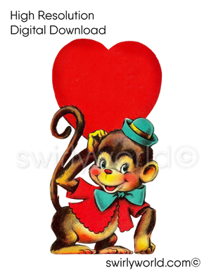 1950s-1960s mid-century vintage Circus Monkey with Big Red Heart Valentine's Day images for digital download. Cute and kitschy retro very RARE Valentine illustrations that have been digitally restored.