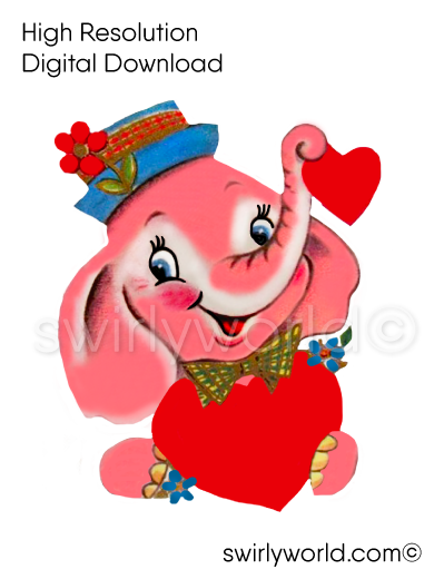 1950s-1960s mid-century vintage Pink Elephant with Red Heart Valentine's Day images for digital download. Cute and kitschy retro very RARE Valentine illustrations that have been digitally restored.
