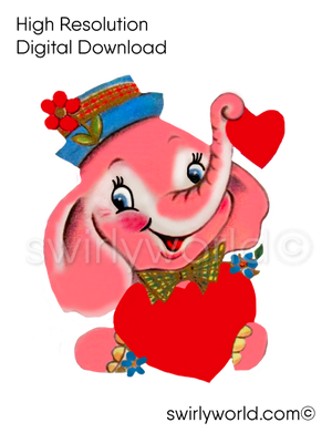 1950s-1960s mid-century vintage Pink Elephant with Red Heart Valentine's Day images for digital download. Cute and kitschy retro very RARE Valentine illustrations that have been digitally restored.