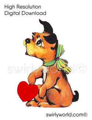 1950s-1960s mid-century vintage Puppy Dog with Red Heart Valentine's Day images for digital download. Cute and kitschy retro very RARE Valentine illustrations that have been digitally restored.
