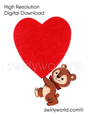 1950s-1960s mid-century vintage Teddy Bear Holding Up Large Red Heart Valentine's Day images for digital download. Cute and kitschy retro very RARE Valentine illustrations that have been digitally restored.