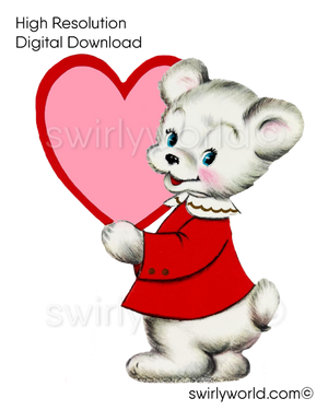 1950s-1960s mid-century vintage White Teddy Bear with Red Heart Valentine's Day images for digital download. Cute and kitschy retro very RARE Valentine illustrations that have been digitally restored.