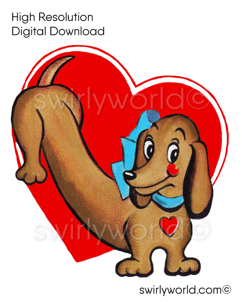 1950s-1960s mid-century vintage Wiener Dog Dauchsund Red Heart Valentine's Day images for digital download. Cute and kitschy retro very RARE Valentine illustrations that have been digitally restored.