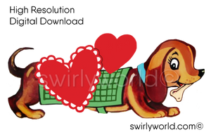 1950s-1960s mid-century vintage Wiener Dog Dachshund Puppy Valentine's Day images for digital download. Cute and kitschy retro very RARE Valentine illustrations that have been digitally restored.