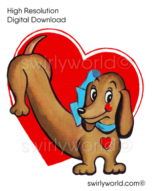 1950s-1960s mid-century vintage Wiener Dog Dauchsund Red Heart Valentine's Day images for digital download. Cute and kitschy retro very RARE Valentine illustrations that have been digitally restored.