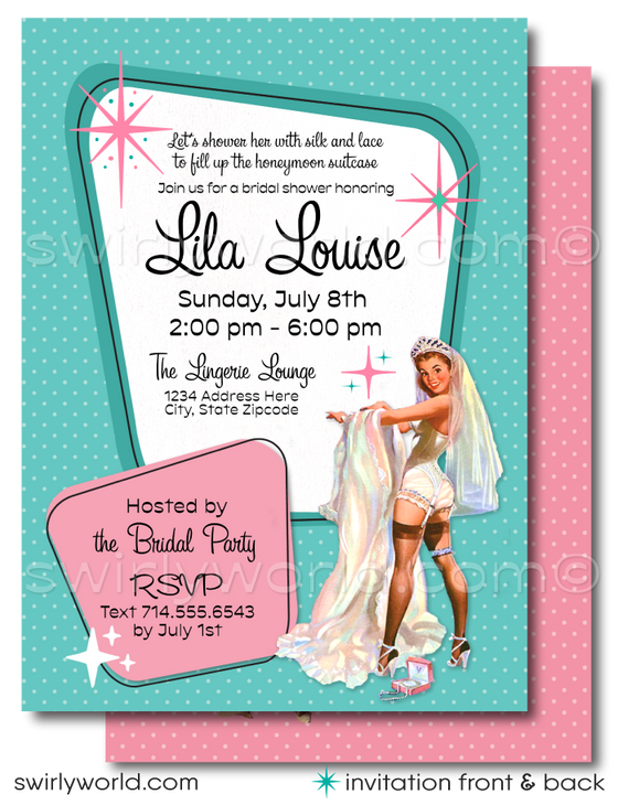 1950s Retro Rockabilly Mid-Century Style Pinup Girl Bridal Shower Invitation and Thank You Card digital designs. Featuring the iconic mid-century modern (MCM) colors of powder pink and blue, each design is accentuated with atomic starbursts and classic mid-century motifs