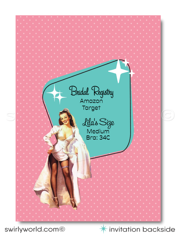 1950s Retro Rockabilly Mid-Century Style Pinup Girl Bridal Shower Invitation and Thank You Card digital designs. Featuring the iconic mid-century modern (MCM) colors of powder pink and blue, each design is accentuated with atomic starbursts and classic mid-century motifs