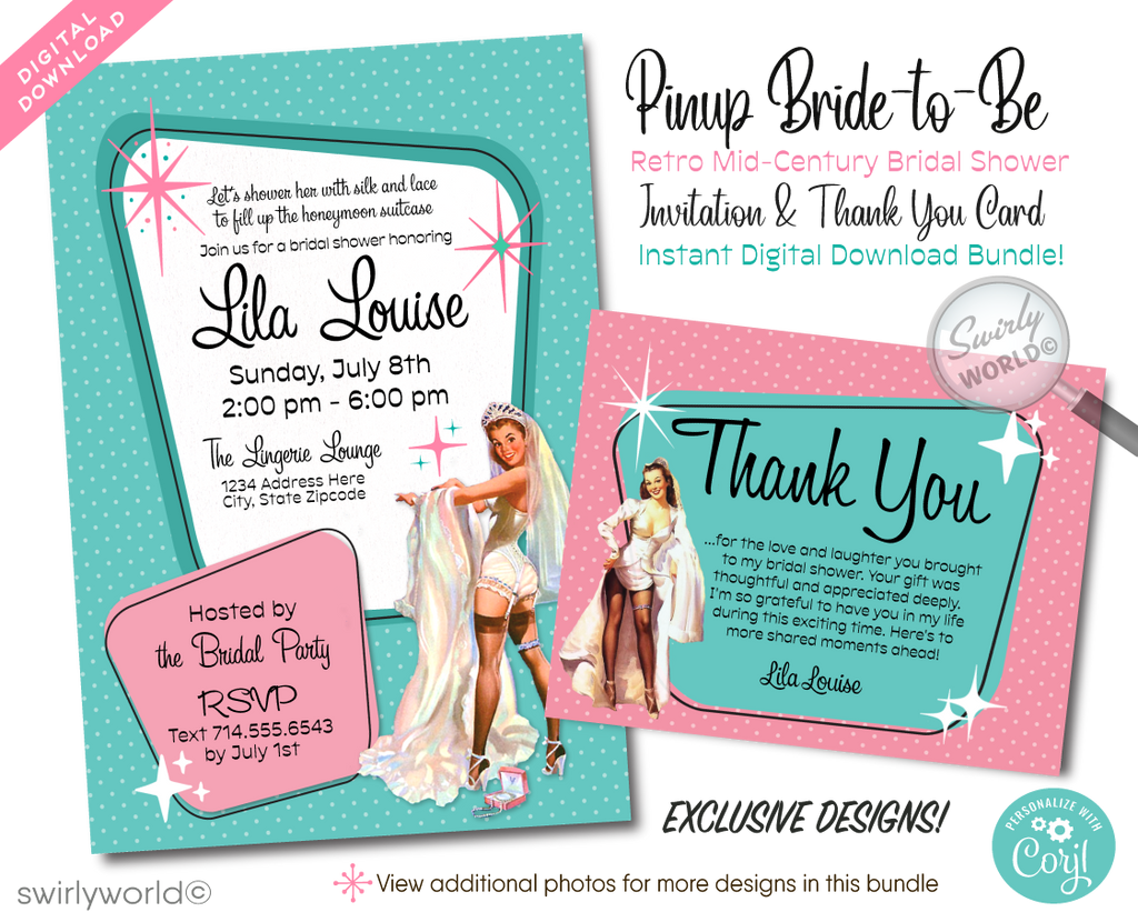1950s Retro Rockabilly Mid-Century Style Pinup Girl Bridal Shower Invitation and Thank You Card digital designs. Featuring the iconic mid-century modern (MCM) colors of powder pink and blue, each design is accentuated with atomic starbursts and classic mid-century motifs