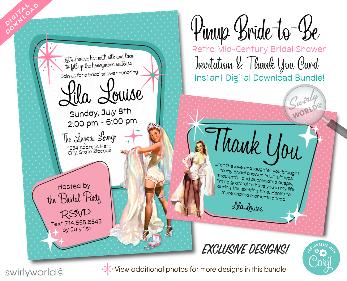 1950s Retro Rockabilly Mid-Century Style Pinup Girl Bridal Shower Invitation and Thank You Card digital designs. Featuring the iconic mid-century modern (MCM) colors of powder pink and blue, each design is accentuated with atomic starbursts and classic mid-century motifs