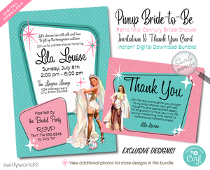 1950s Retro Rockabilly Mid-Century Style Pinup Girl Bridal Shower Invitation and Thank You Card digital designs. Featuring the iconic mid-century modern (MCM) colors of powder pink and blue, each design is accentuated with atomic starbursts and classic mid-century motifs