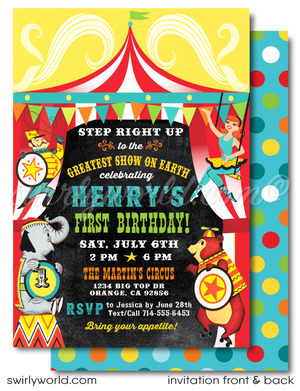 Welcome to the most enchanting first birthday celebration under the big top! Our Retro Vintage 1950's Style Circus Carnival 1st Birthday Invitation and Thank You Card Digital Downloadable Design transports you and your guests to a world of wonder and excitement, reminiscent of the golden era of circuses.