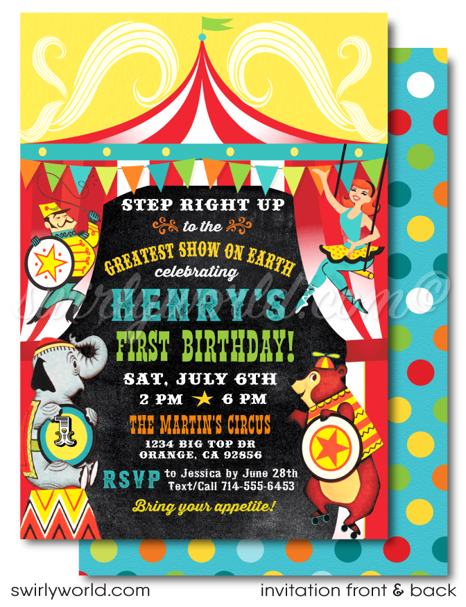 Welcome to the most enchanting first birthday celebration under the big top! Our Retro Vintage 1950's Style Circus Carnival 1st Birthday Invitation and Thank You Card Digital Downloadable Design transports you and your guests to a world of wonder and excitement, reminiscent of the golden era of circuses.