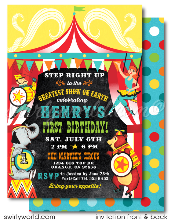 Step into a vintage circus wonderland with Swirly World's 1950's Style Circus Carnival 1st Birthday Invitation Set! 🎪🎉 Featuring classic performers like elephants, trapeze artists, and dancing dogs. Includes printed invitations, thank you cards, and envelopes. Perfect for a nostalgic, magical celebration! 🎈✨