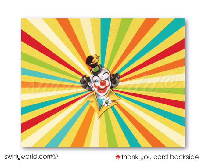 Step into a vintage circus wonderland with Swirly World's 1950's Style Circus Carnival 1st Birthday Invitation Set! 🎪🎉 Featuring classic performers like elephants, trapeze artists, and dancing dogs. Includes printed invitations, thank you cards, and envelopes. Perfect for a nostalgic, magical celebration! 🎈✨