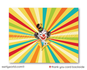 Step into a vintage circus wonderland with Swirly World's 1950's Style Circus Carnival 1st Birthday Invitation Set! 🎪🎉 Featuring classic performers like elephants, trapeze artists, and dancing dogs. Includes printed invitations, thank you cards, and envelopes. Perfect for a nostalgic, magical celebration! 🎈✨