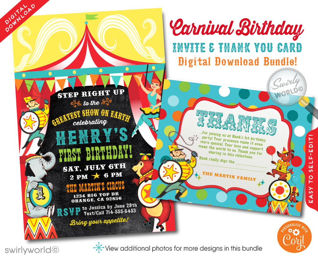 Welcome to the most enchanting first birthday celebration under the big top! Our Retro Vintage 1950's Style Circus Carnival 1st Birthday Invitation and Thank You Card Digital Downloadable Design transports you and your guests to a world of wonder and excitement, reminiscent of the golden era of circuses.