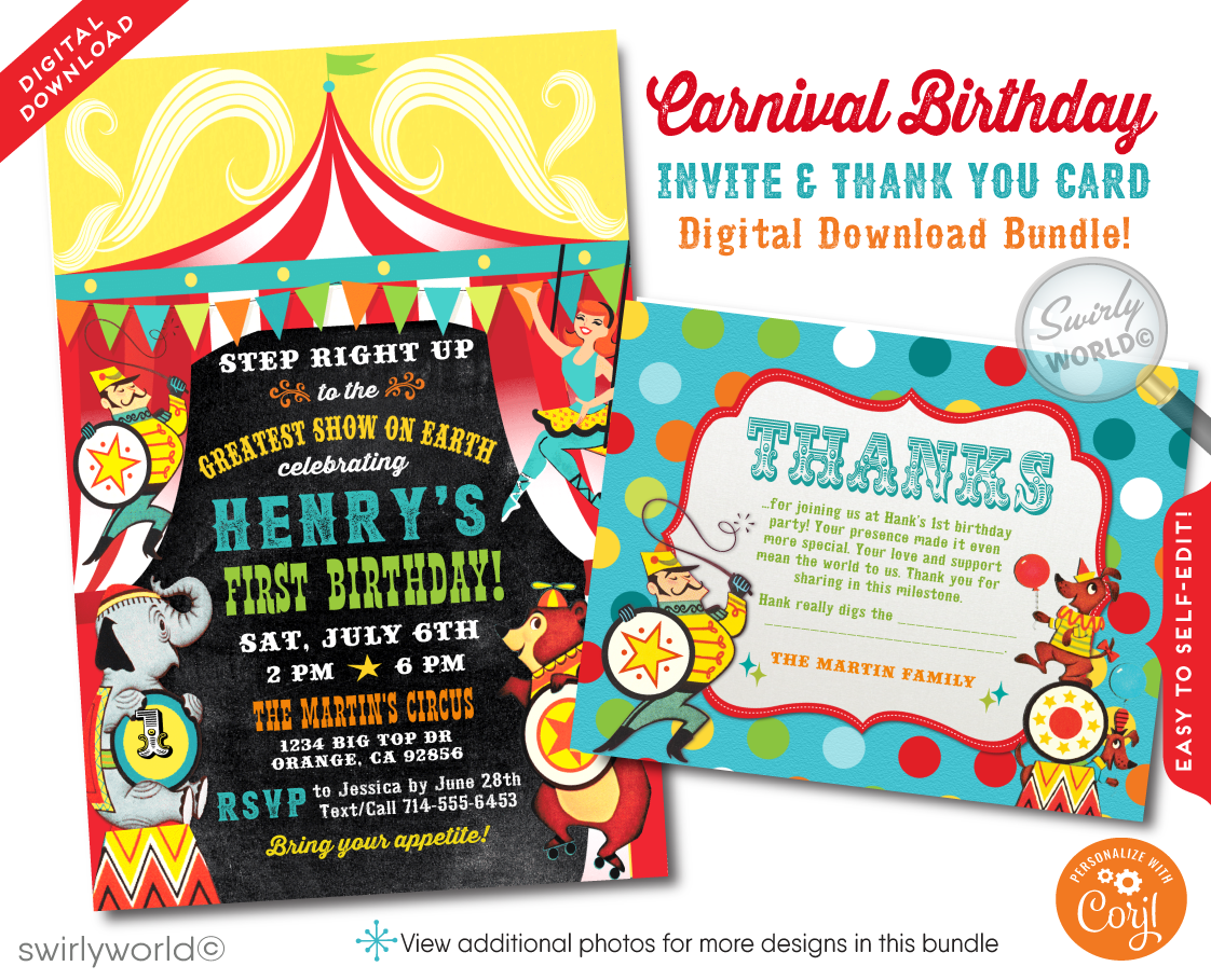 Welcome to the most enchanting first birthday celebration under the big top! Our Retro Vintage 1950's Style Circus Carnival 1st Birthday Invitation and Thank You Card Digital Downloadable Design transports you and your guests to a world of wonder and excitement, reminiscent of the golden era of circuses.