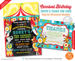 Welcome to the most enchanting first birthday celebration under the big top! Our Retro Vintage 1950's Style Circus Carnival 1st Birthday Invitation and Thank You Card Digital Downloadable Design transports you and your guests to a world of wonder and excitement, reminiscent of the golden era of circuses.